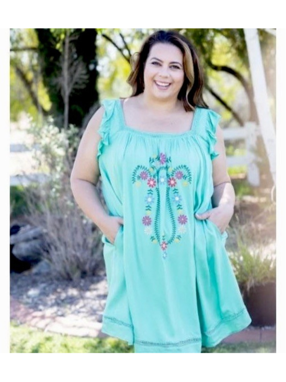 Davi & Dani Boho Embroidered Tunic Dress Mint Green Ruffle Sleeve Floral XL